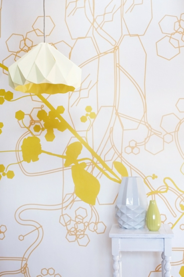 gelbe tapete farbakzent gelb wohnzimmer einrichten wandgestaltung moderne tapete