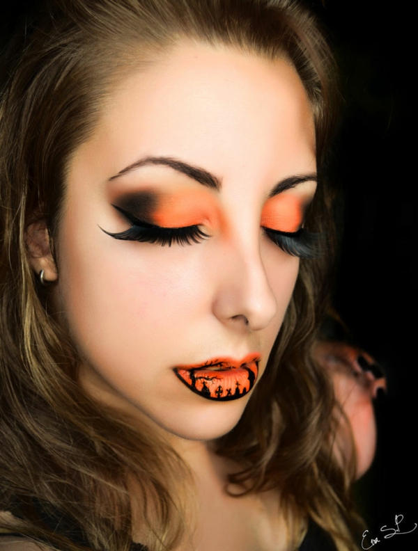 halloween lippen schminken orange einzelheiten