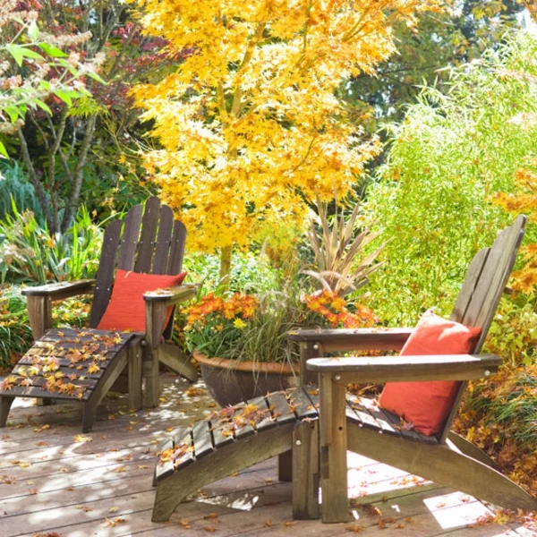 zwei Liegesessel aus Holz inmitten Herbstblumen und Sträucher Relax Zone im Freien gestalten 