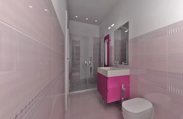 kleines bad fliesen rosa duschkabine glas badmöbel pink frauenbadezimmer