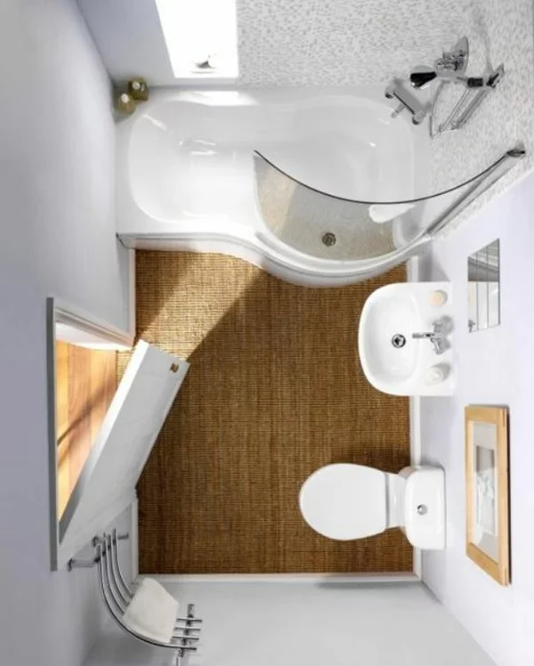 kleines Bad planen einrichten Dusche Badewanne weiße Badmöbel Holzboden