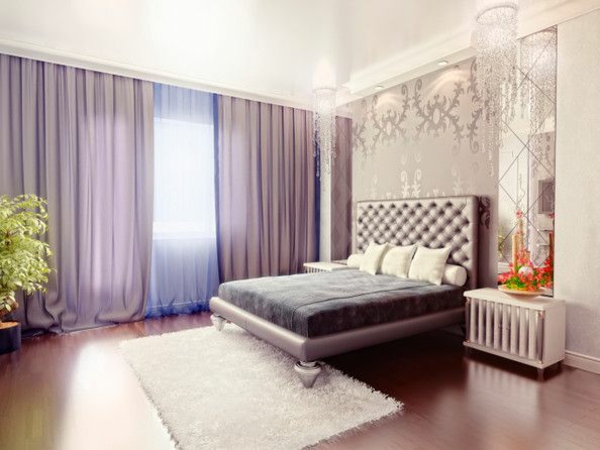 lila teppich weiß gardinen fenster vorhänge schlafzimmer bett