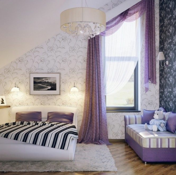 lampenschirm tapeten gardinen in lila fenster vorhänge schlafzimmer 