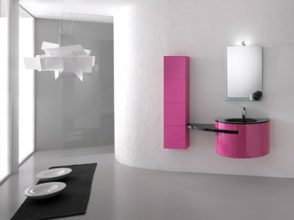 moderne badezimmer möbel futuristisch manimalistisch farbakzente pink wandfarbe weiß