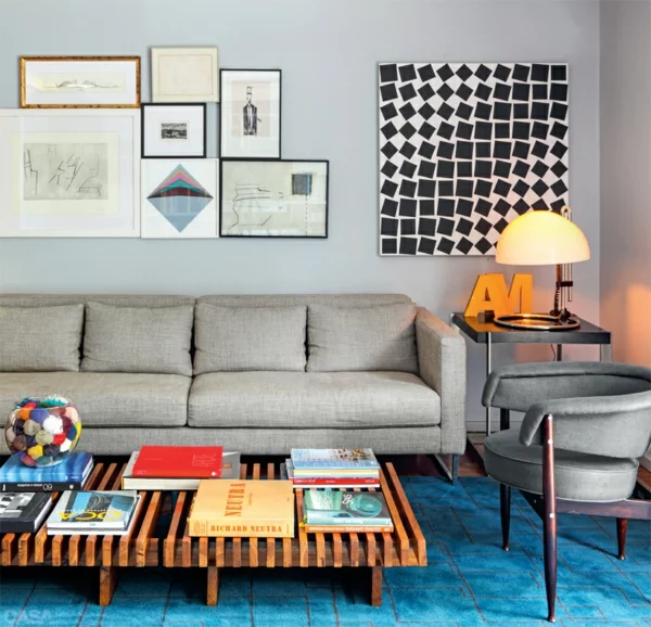 moderne wandgestaltung wohnzimmer sofa couchtisch holz