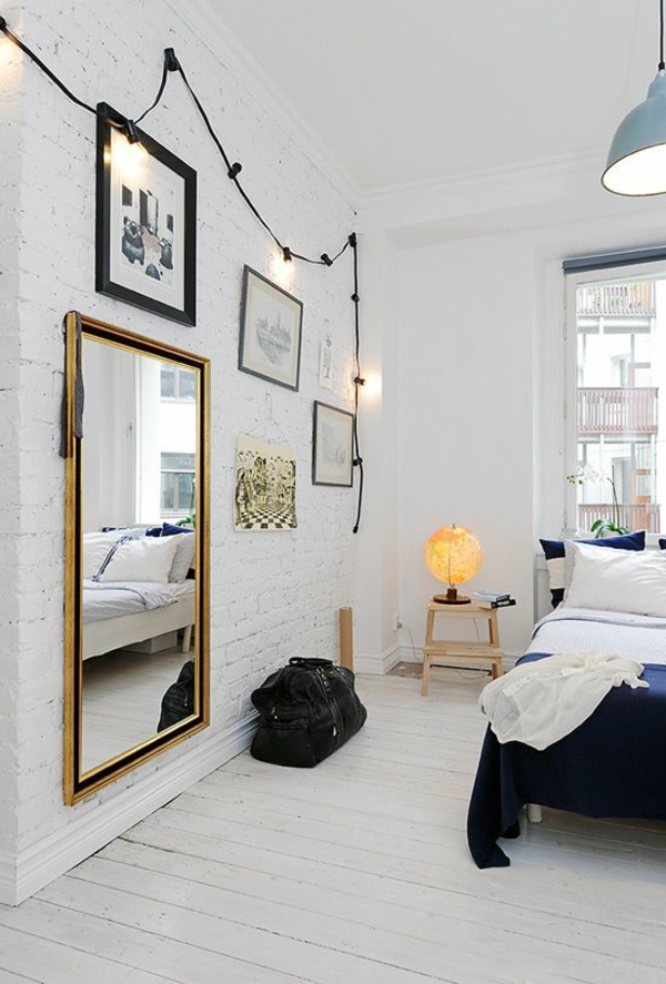 scandinavische möbel schlafzimmer ziegelwand weiß streichen wanddeko ideen