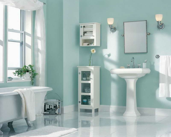 wandfarbe badezimmer hell pastelltöne mintgrün freistehende badewanne