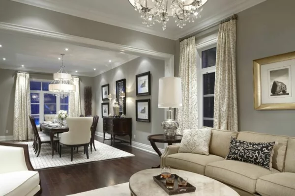 Wandfarbe grau mit wenig Beige kombinieren im Wohnzimmer und Esszimmer eingebaute Deckenbeleuchtung 