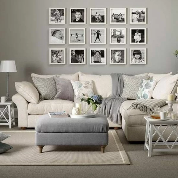 wandgestaltung wohnzimmer neutrale farben beige grau wandgestaltung mit bildern familienfotos