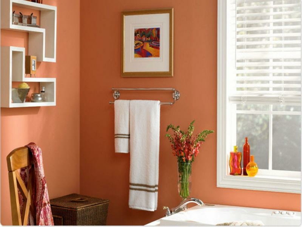 warme farbgestaltung aprikose orange wandfarbe badezimmer