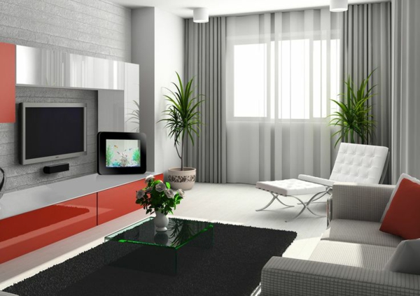 wohnzimmer modern einrichten tv wohnwand fenster sichtschutz vorhänge grau durchsichtig