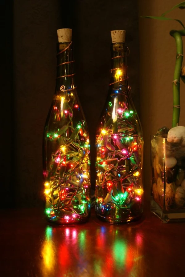 Flaschendeko zu Weihnachten spray lichter