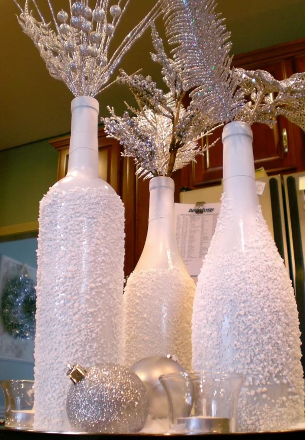 Flaschendeko recyceln Weihnachten spray weiß