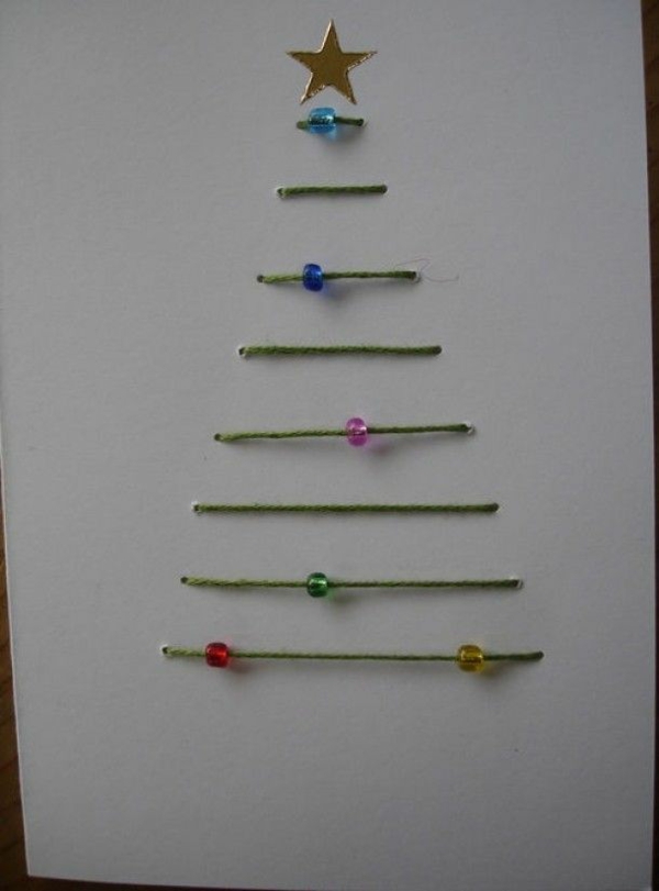 bastelideen für weihnachten weihnachtskarten selber basteln christmasbaum garn schmucksteine