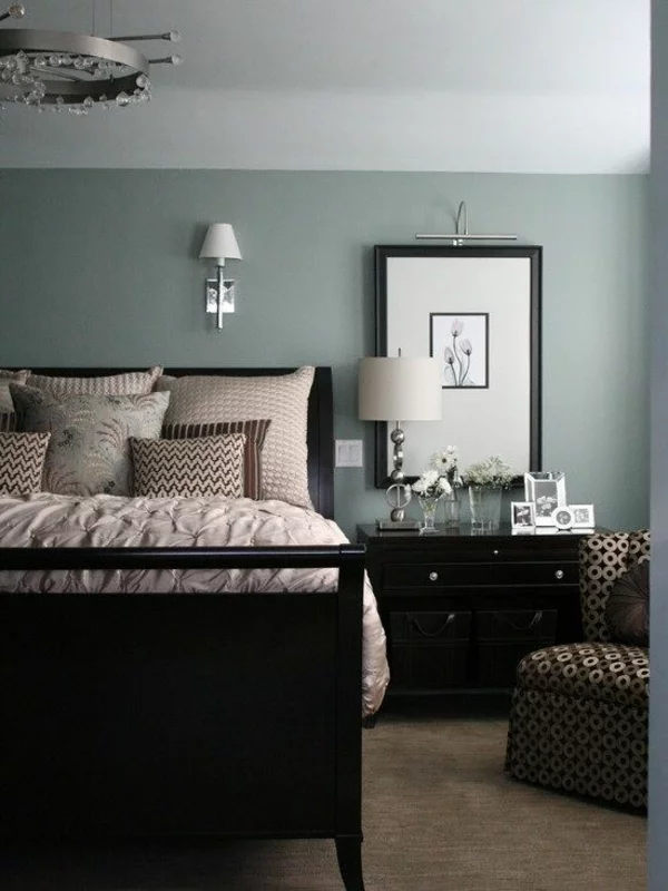 farbgestaltung schlafzimmer bett wandfarbe grau
