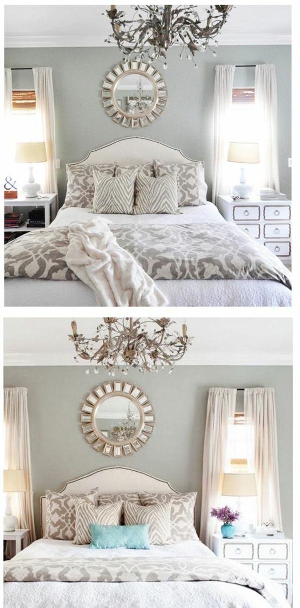 farbgestaltung schlafzimmer bett wandfarbe grau wandspiegel kronleuchter