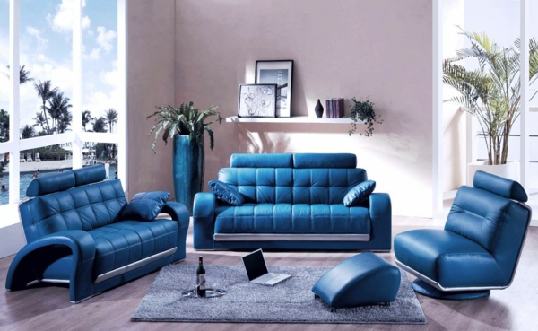 farbideen wohnzimmer blaue möbel leder
