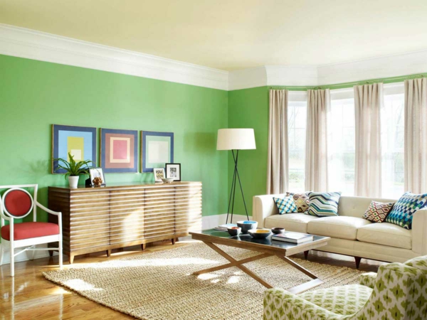 farbidee wohnzimmer grün sisal teppich