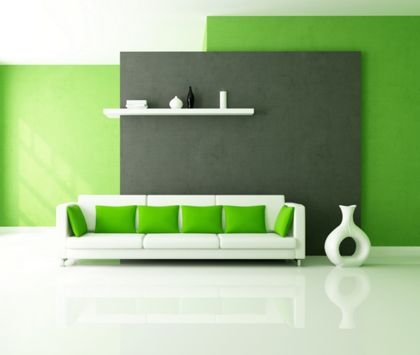 farbideen wohnzimmer weißes sofa grüne kissen