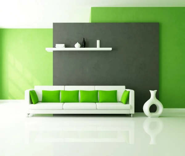 farbideen wohnzimmer weißes sofa grüne kissen