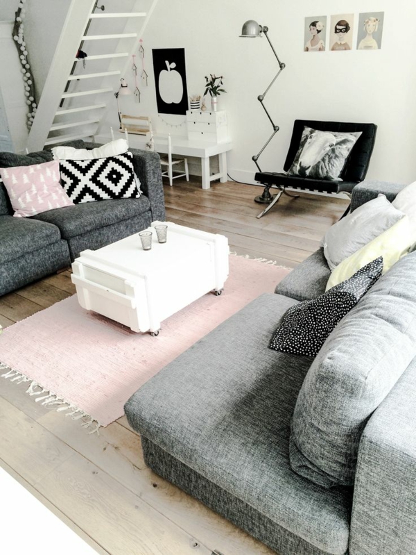 moderne wohnzimmergestaltung stylisch tipps rosa läufer