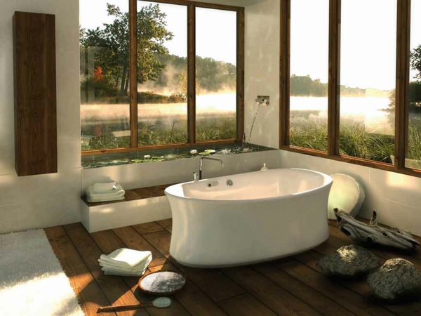 modernes badezimmer ideen teich panoramafenster