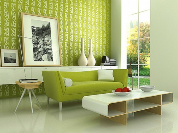 wandfarbe grün farbideen wandgestaltung muster wohnzimmer