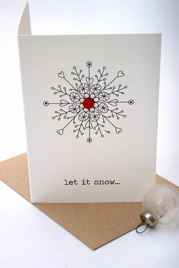 einfache DIY Bastelideen Weihnachtskarten selber machen Schneeflöckchen zeichnen mit rotem Knopf verzieren