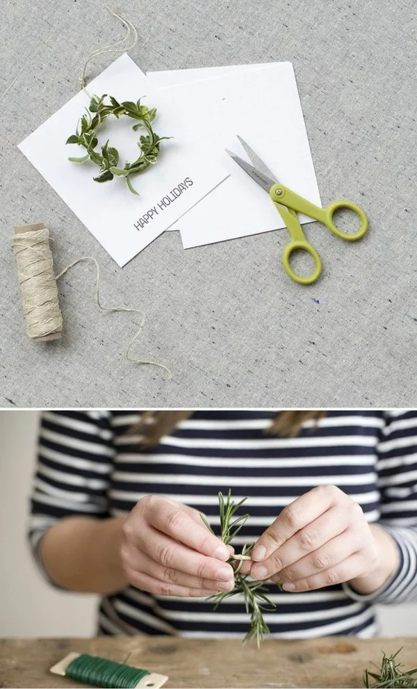 einfache Weihnachtskarten basteln grüne Rosmarin Zweige aus dem Garten benutzen DIY Projekt