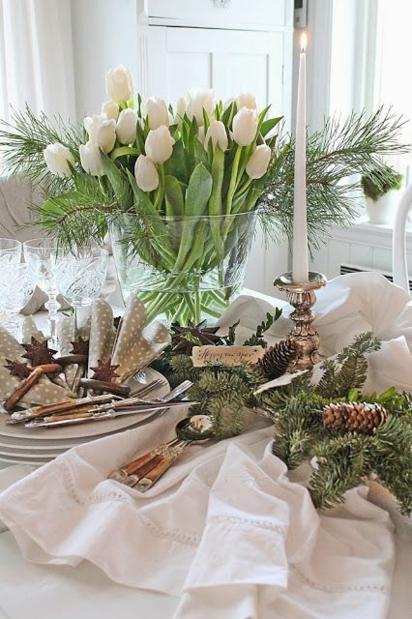 weihnachtsdeko basteln tischdeko ideen mit tulpen weiß