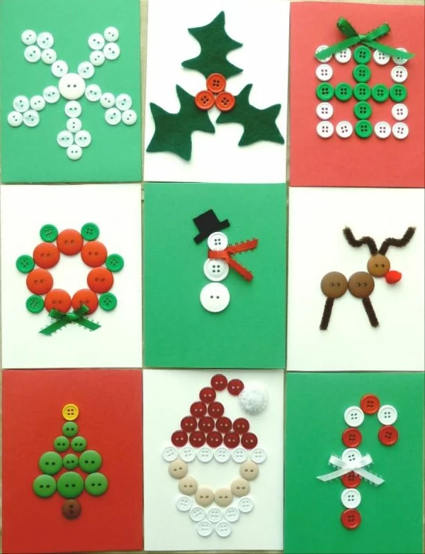 Bastelideen mit Knöpfen Weihnachtskarten selber machen interessante und bunte Gestaltung 