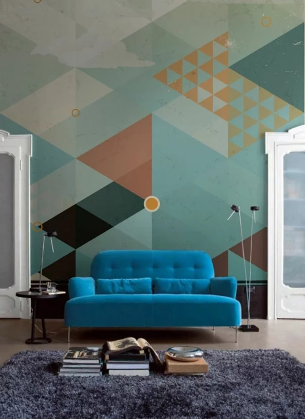 wohnzimmer farbgestaltung muster geometrisch