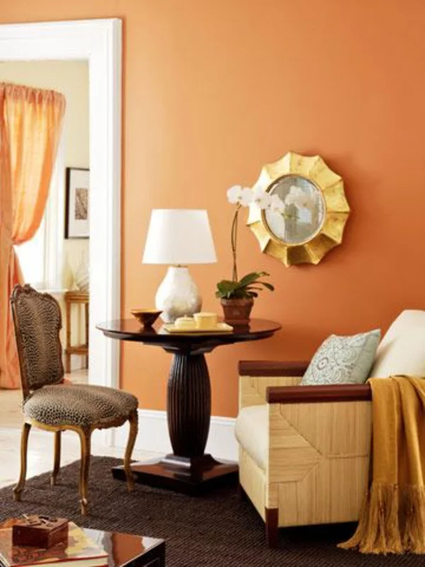 wohnideen für wohnzimmer wandgestaltung orange idee