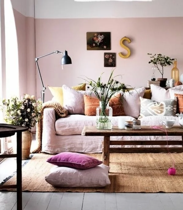 wohnideen für wohnzimmer rosa farben wandgestaltung 