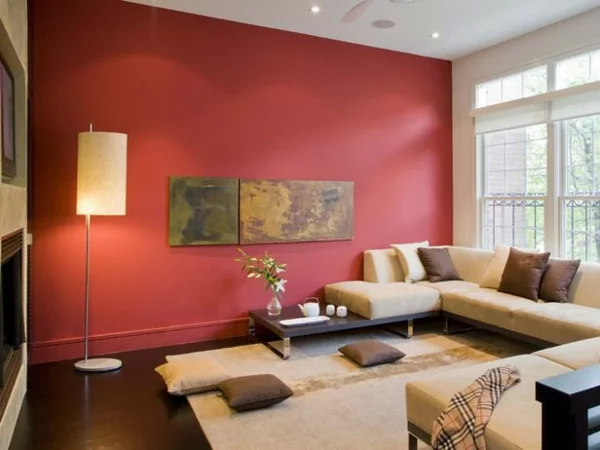 wohnideen für wohnzimmer stehlampe farben wandgestaltung rot gemälde