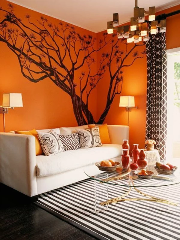 wohnideen orange wohnzimmer farben wandgestaltung wandtattoo