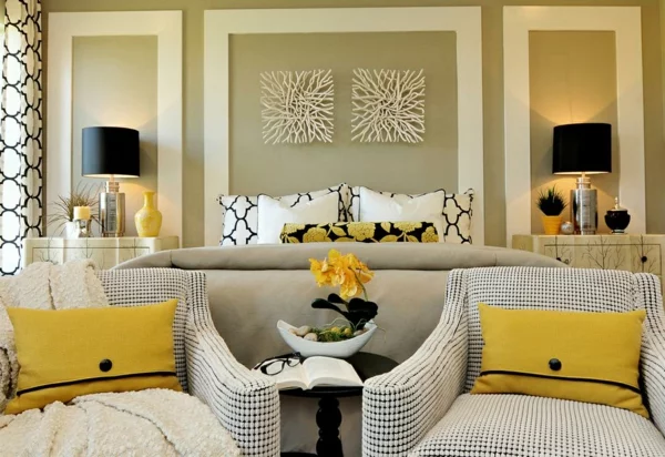Wandfarbe eierschalenfarben Gelb und Grau kombinieren gemütliches Schlafzimmer gestalten 