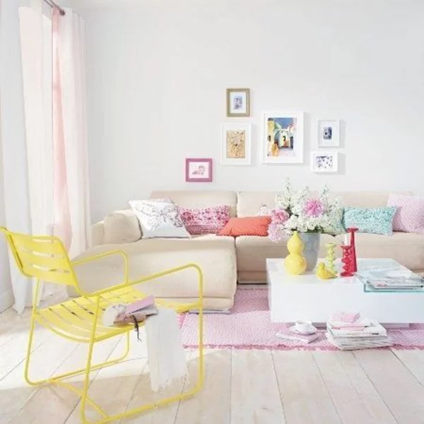 wohnzimmergestaltung ideen bilder design gelb stuhl