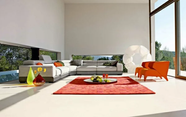 wohnzimmer gestaltung ideen bilder design orange teppich