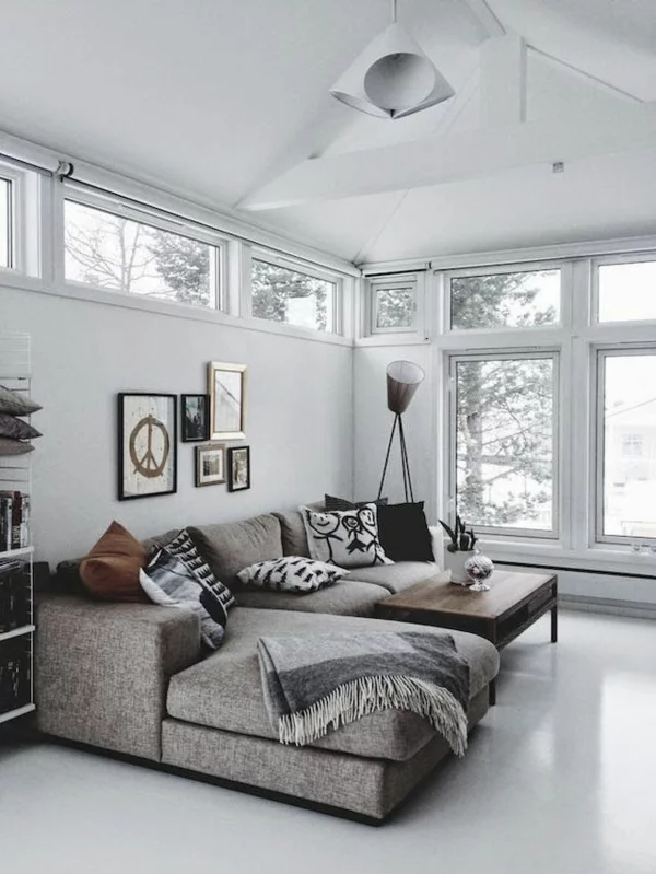wohnzimmergestaltung ideen fenster sofa grau