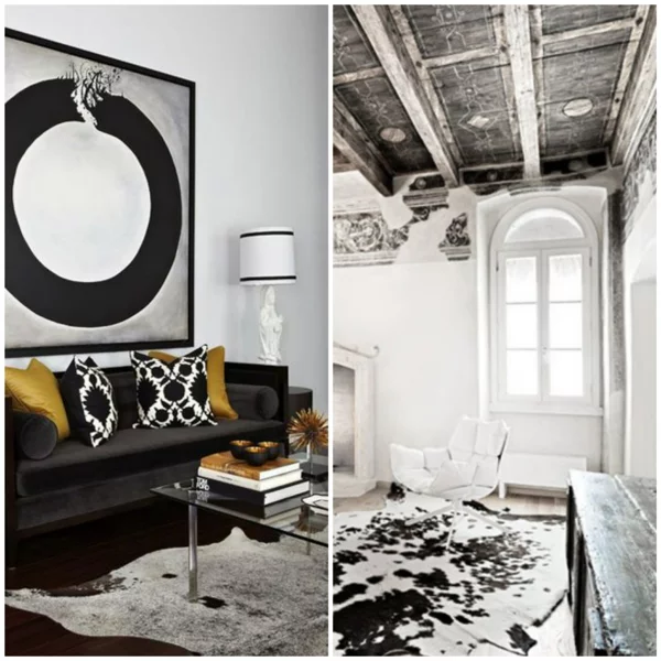 kuhfellteppich verlegen schwarz weiß wohnzimmermöbel rustikal