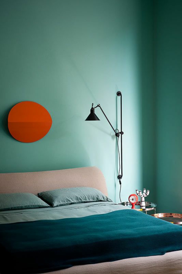 türkis farbpalette wandfarben schlafzimmer bett