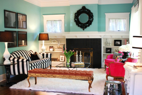 wand farbe türkis wohnzimmer gestreifte couch
