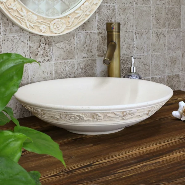 badezimer waschbecken rund pflanzen runder badspiegel