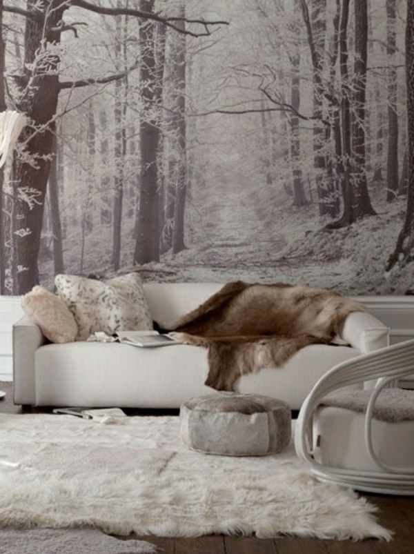 wandtapete fellteppich couch winterwald