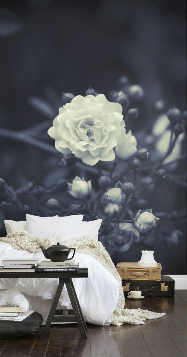 fototapete rosen schlafzimmer schwarz weiß