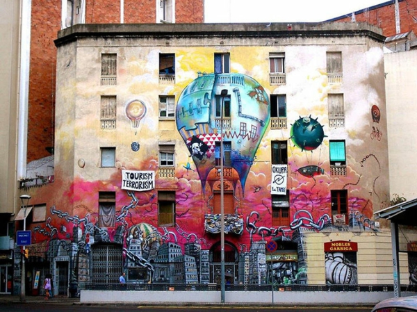 kunst graffiti barcelona spanien heißluftballon