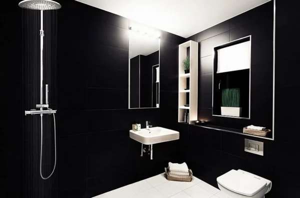luxus badezimmer schwarz weißes wandregal