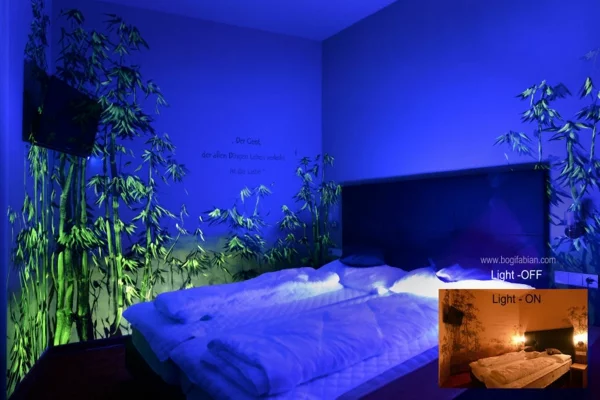 nachtleuchtende farbe grün pflanzen schlafzimmer bett