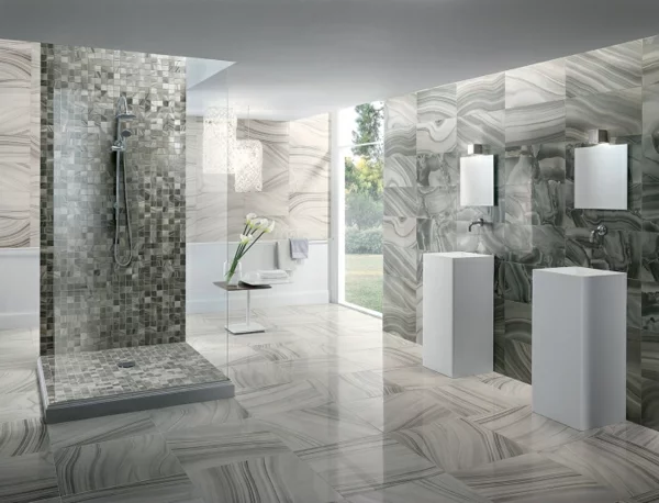 mosaik badezimmer duschkabine waschbecken spiegel Italienische Fliesen